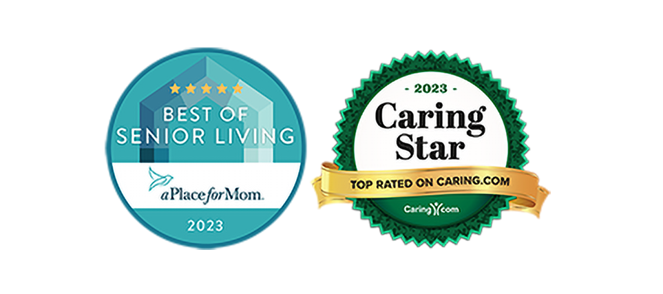 A Place for Mom badge for best of senior living and Caring.com Caring Star badge